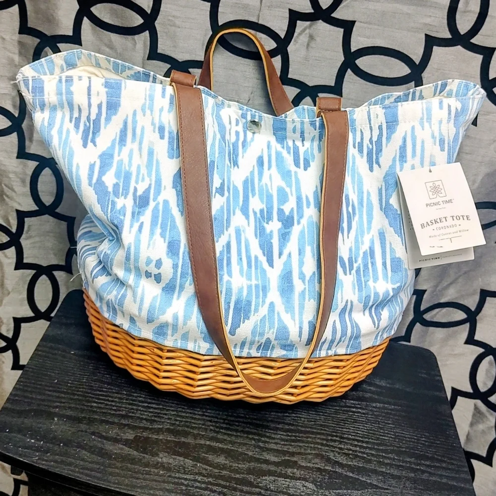 SOLD Picnic Time Basket Tote Blue Beach Canvas Willow Bag! - Picture 2 of 16